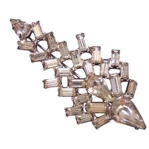 Rhinestone Leaf Brooch Crystal Baguette Pin Vintage